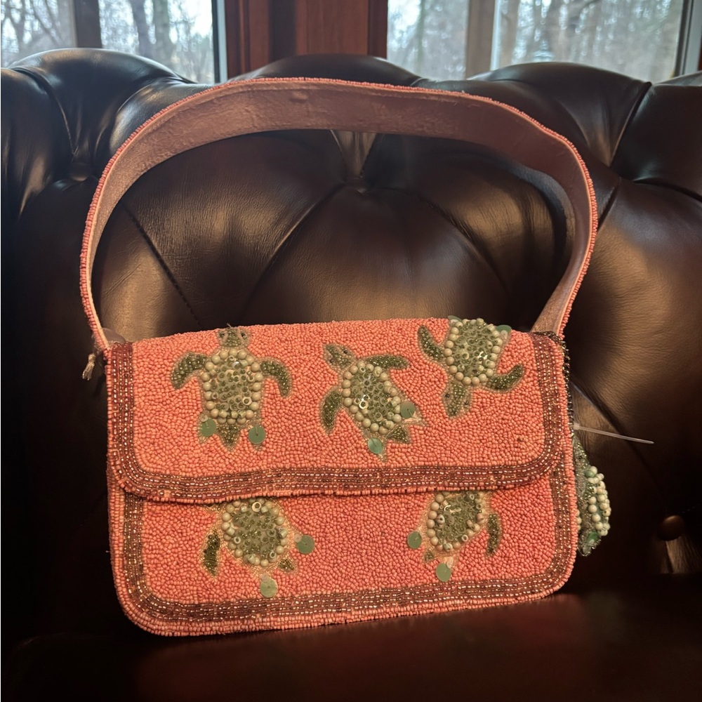 Beaded Coral Turtle Embellished Shoulder Bag- NWT